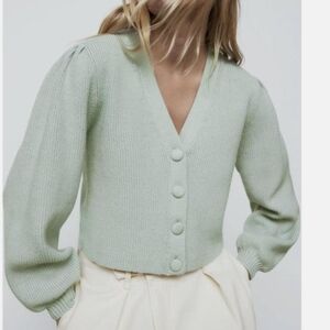 Zara Mint Green Cropped Cardigan with Balloon Sleeves V-neck Size XL